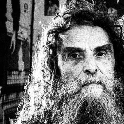 Black and White Photography Wall Art Greece | Antonis Xylouris (Psarantonis) in his brother’s house Anogia Crete by George Tatakis - detailed view