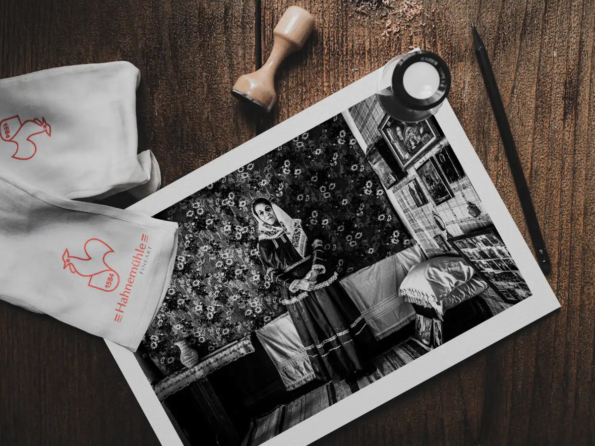 Black and White Photography Wall Art Greece | Traditional costume of Afantou in a local house Rhodes by George Tatakis - photo print on table