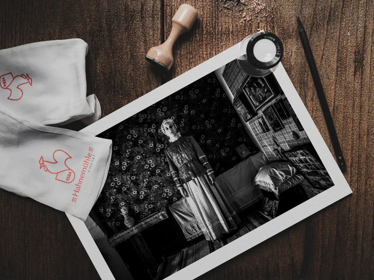 Black and White Photography Wall Art Greece | Traditional costume of Afantou in a local house Rhodes by George Tatakis - photo print on table