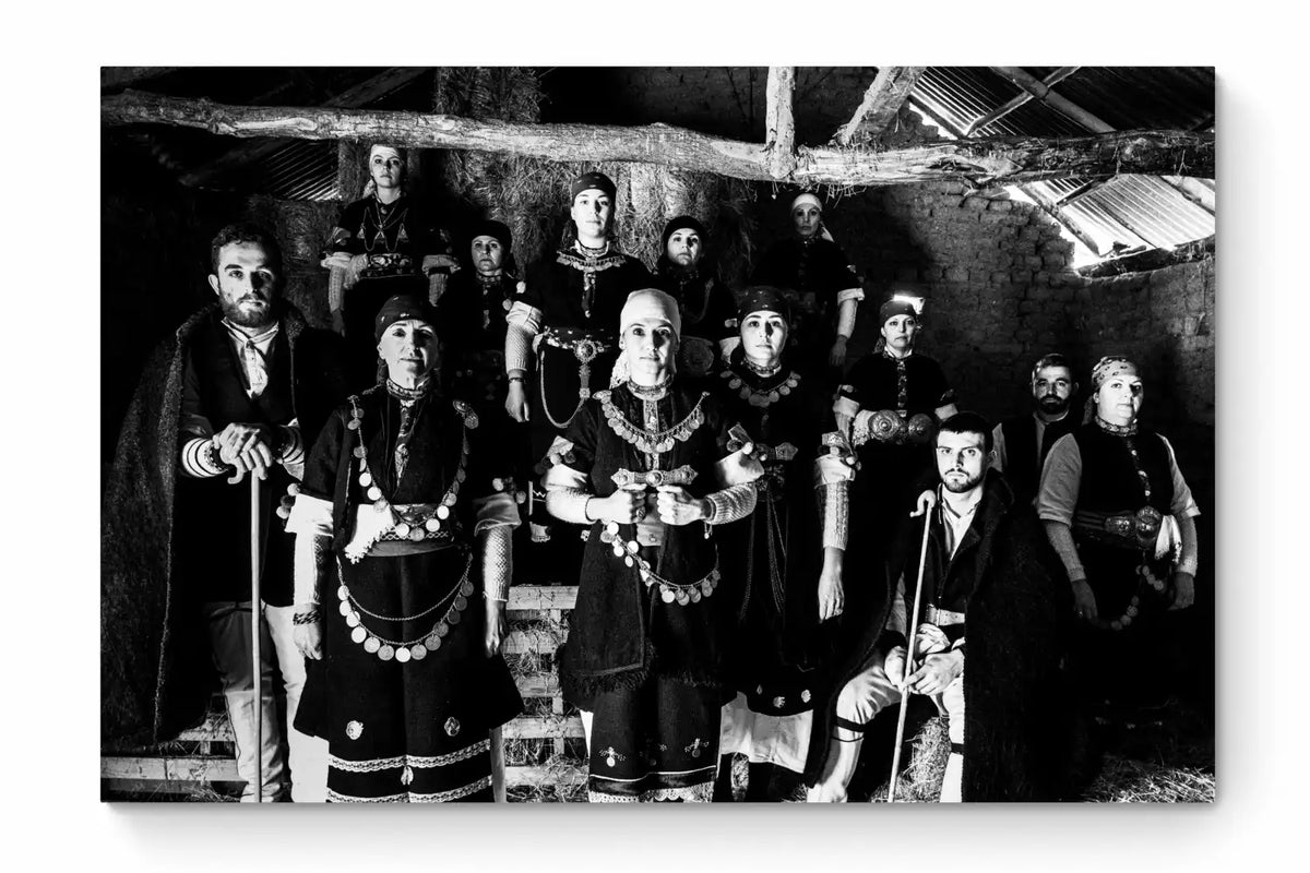 Black and White Photography Wall Art Greece | Costumes of Prespes at a local barn W. Macedonia by George Tatakis - whole photo
