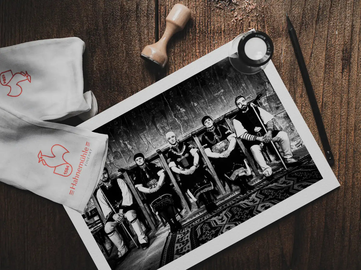 Black and White Photography Wall Art Greece | Costumes of Prespes at a local church W. Macedonia by George Tatakis - photo print on table