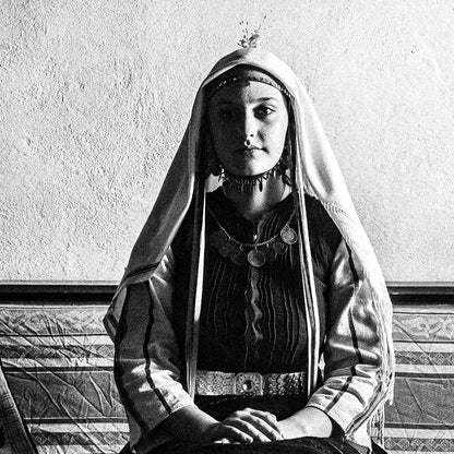Black and White Photography Wall Art Greece | Lady in couch Mani Thrace by George Tatakis - detailed view