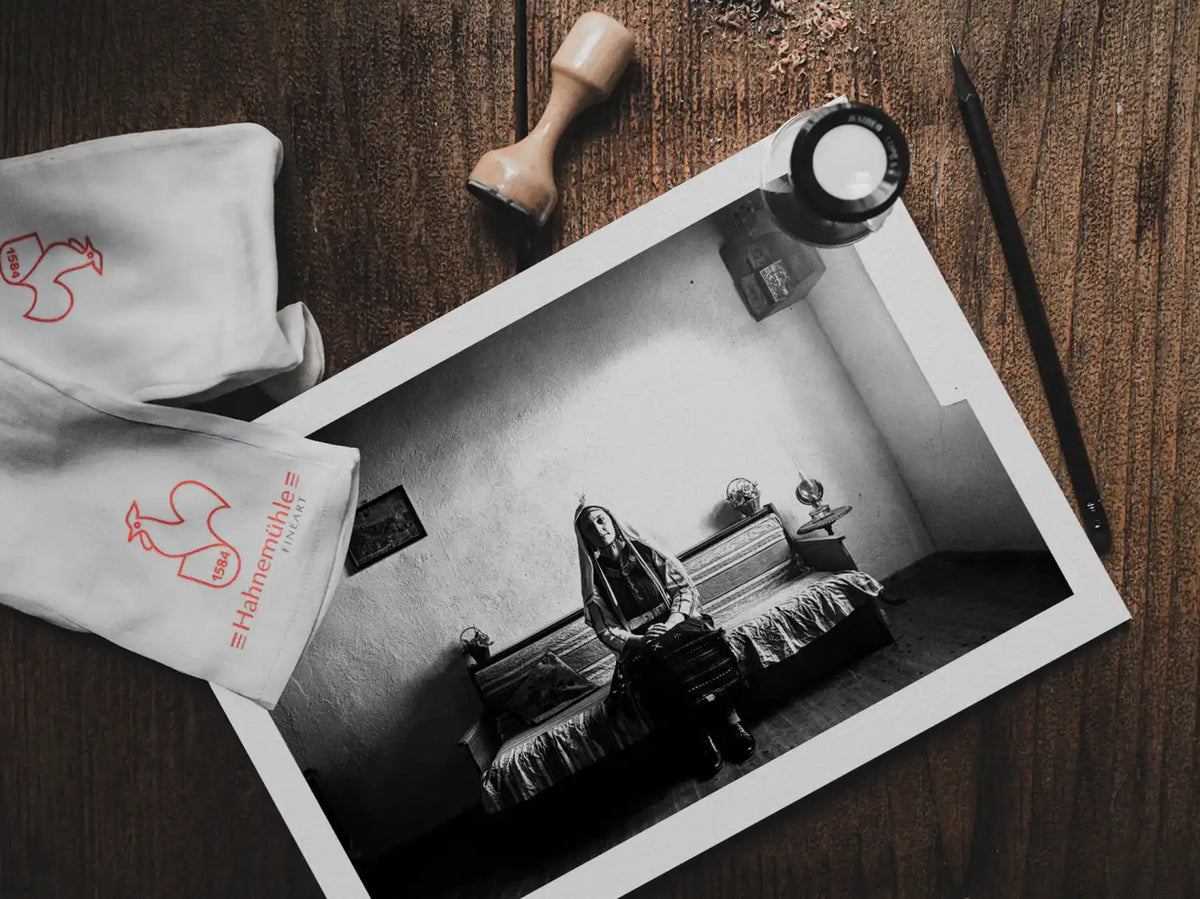 Black and White Photography Wall Art Greece | Lady in couch Mani Thrace by George Tatakis - photo print on table