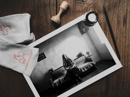 Black and White Photography Wall Art Greece | Lady in couch Mani Thrace by George Tatakis - photo print on table