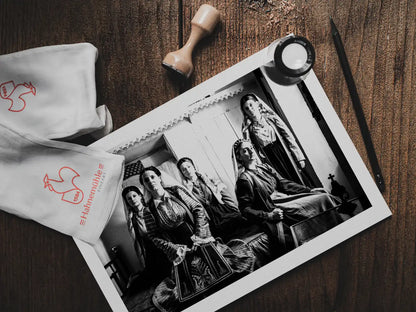 Black and White Photography Wall Art Greece | Costumes of Platanos in a traditional local bedroom Nafpaktos Aetoloacarnanea Greece by George Tatakis - photo print on table