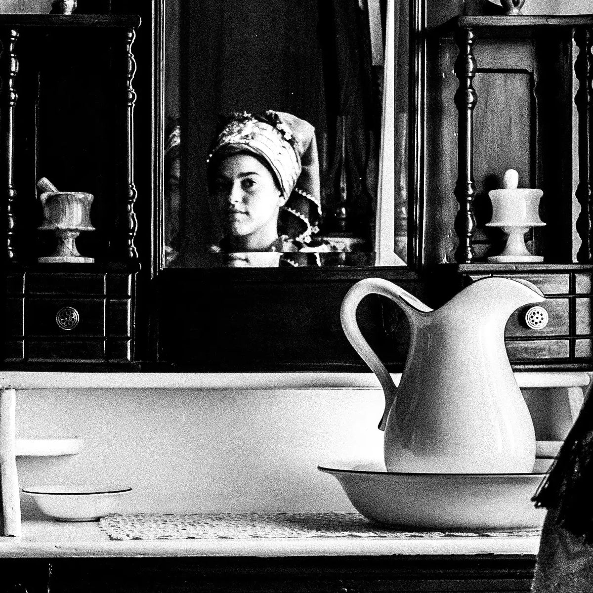 Black and White Photography Wall Art Greece | Three ladies in the traditional costumes of Symi island inside a house Dodecanese Greece by George Tatakis - detailed view