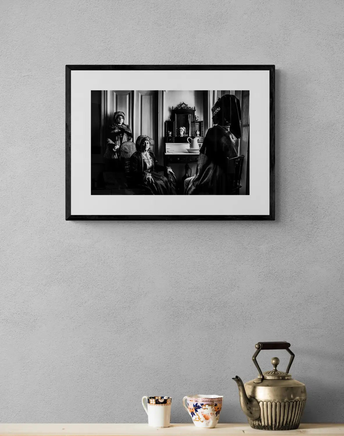 Black and White Photography Wall Art Greece | Three ladies in the traditional costumes of Symi island inside a house Dodecanese Greece by George Tatakis - single framed photo