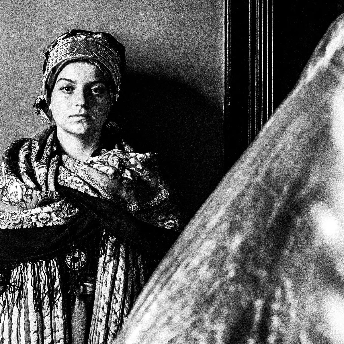 Black and White Photography Wall Art Greece | Three ladies in the traditional costumes of Symi island inside a room Dodecanese Greece by George Tatakis - detailed view