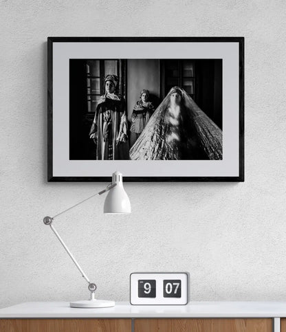 Black and White Photography Wall Art Greece | Three ladies in the traditional costumes of Symi island inside a room Dodecanese Greece by George Tatakis - single framed photo