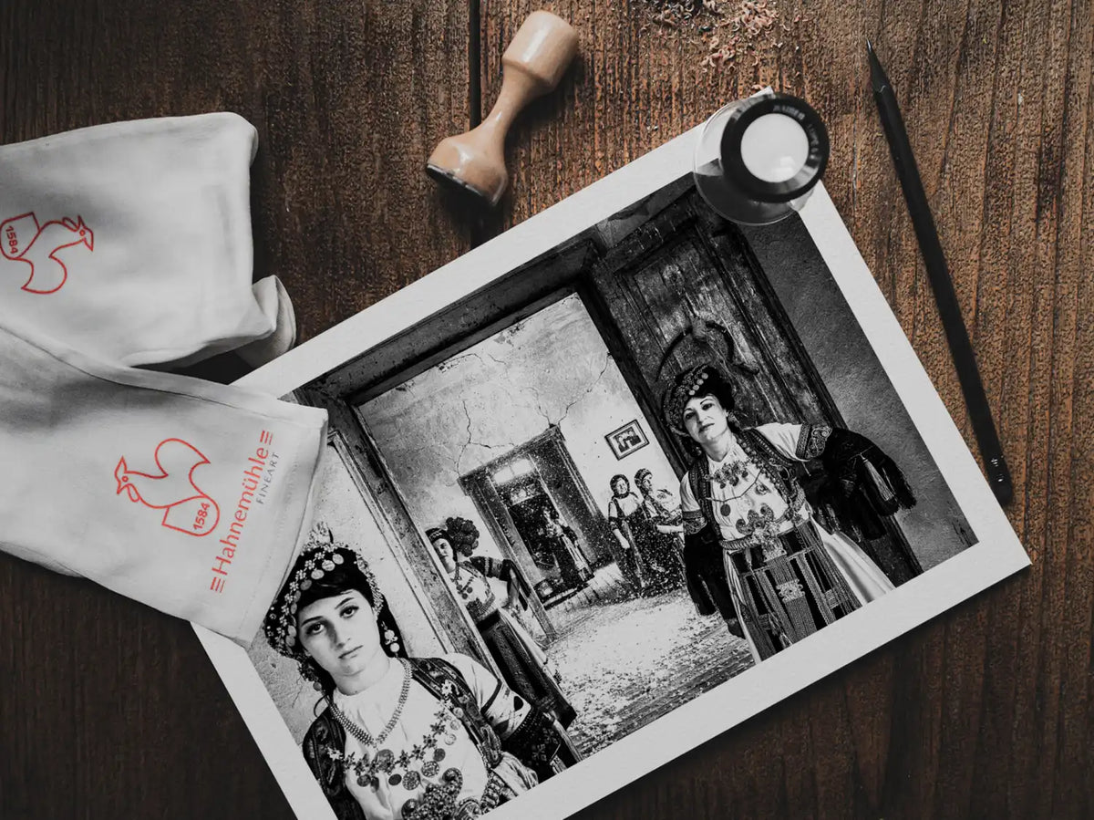 Black and White Photography Wall Art Greece | Karagouna dresses in Glinos Trikala Thessaly by George Tatakis - photo print on table