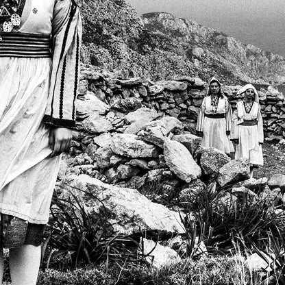Black and White Photography Wall Art Greece | Costumes of Tilos island at a windy cliff Dodecanese Greece by George Tatakis - detailed view