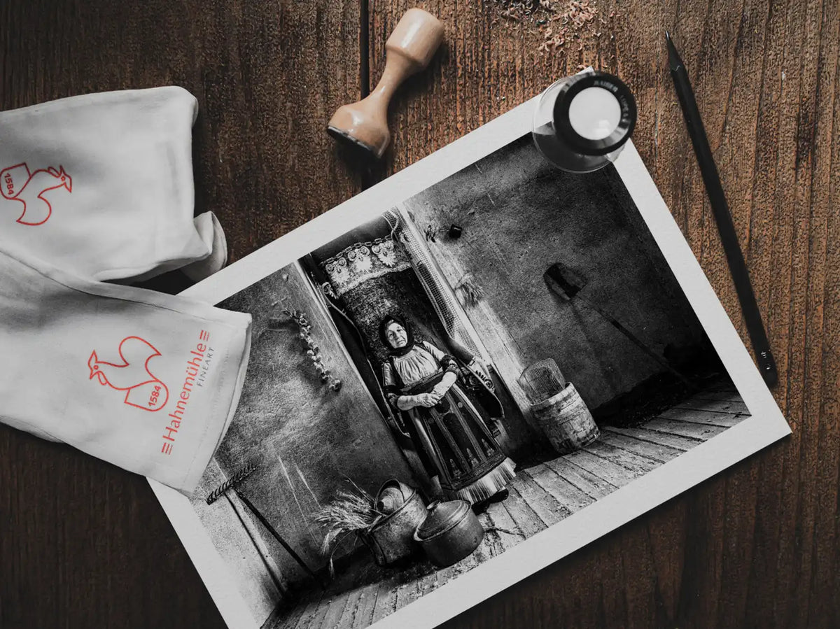 Black and White Photography Wall Art Greece | Old lady in Karagouna dress Glinos Trikala Thessaly by George Tatakis - photo print on table