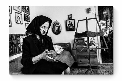 Black and White Photography Wall Art Greece | Lady in Anogia working with a spinning wheel Crete by George Tatakis - whole photo
