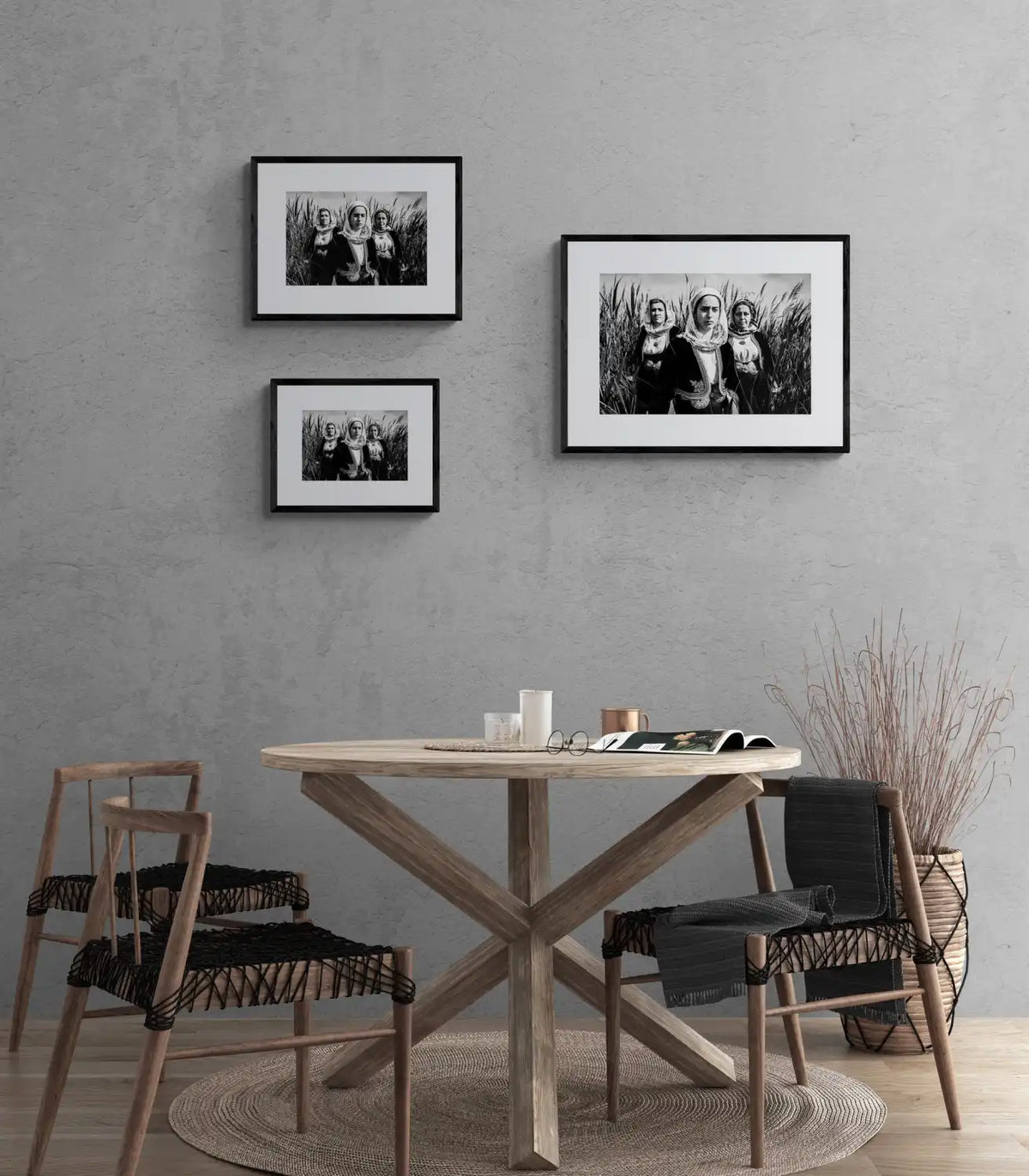 Black and White Photography Wall Art Greece by George Tatakis | Three women in the costume of Kymi in a field of straws, Euboea island - framing options