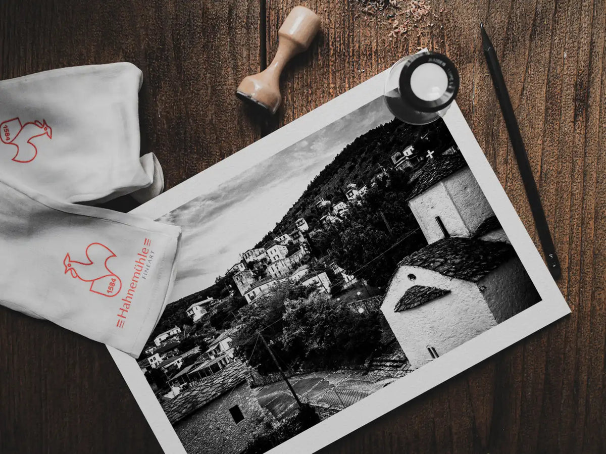 Black and White Photography Wall Art Greece | View of Prastos village Arcadia Peloponnese by George Tatakis - photo print on table