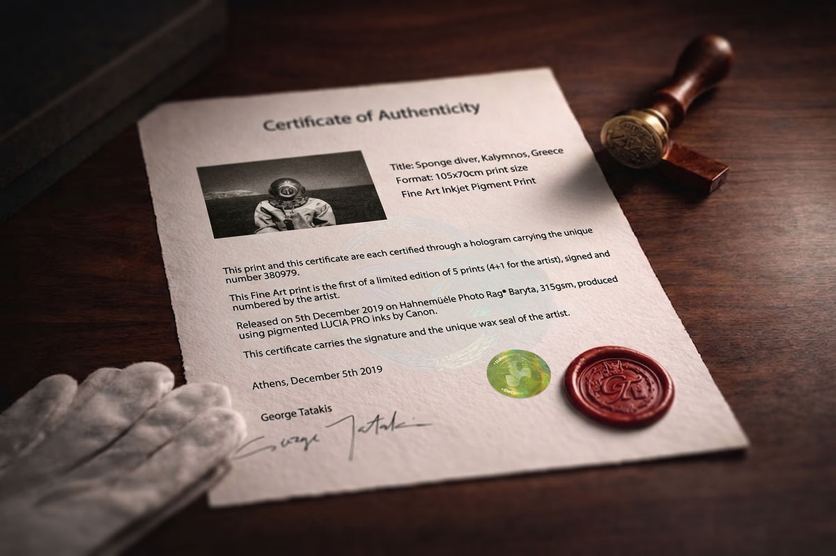 Certificate of authenticity for Limited Edition Black and White photography artworks by George Tatakis