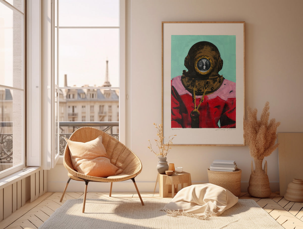 Painting Pop Art Wall Art from Greece | Baby Blue & Pink sponge diver from Kalymnos island, by George Tatakis - inside a room in France