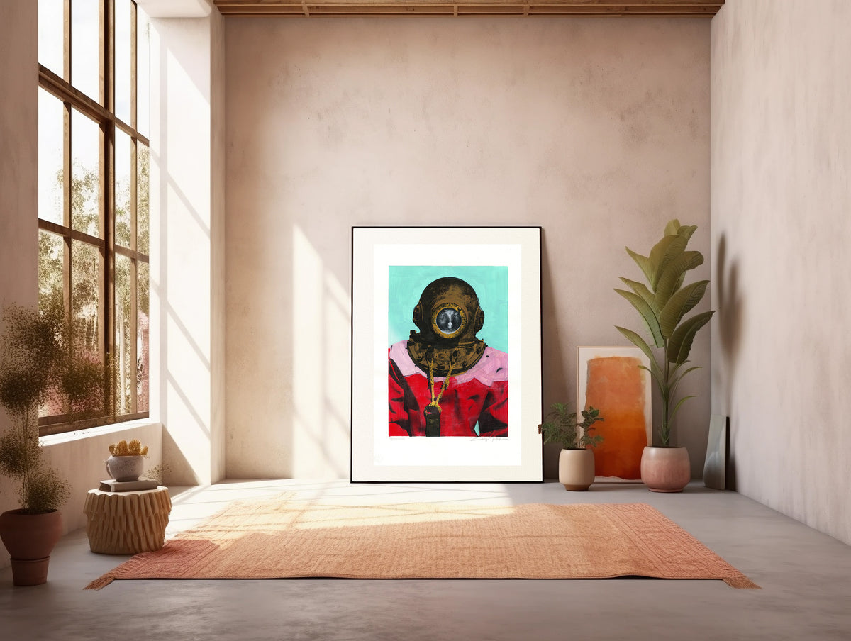 Painting Pop Art Wall Art from Greece | Baby Blue & Pink sponge diver from Kalymnos island, by George Tatakis - inside an art studio full of light