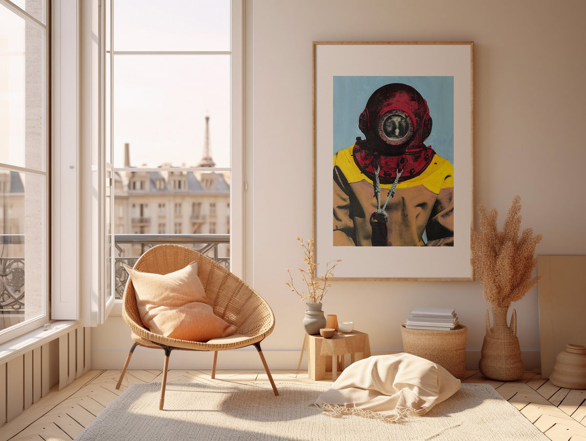 Painting Pop Art Wall Art from Greece | Baby blue & red sponge diver from Kalymnos island, by George Tatakis - inside a room in Paris