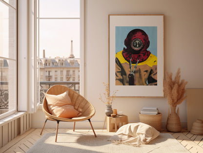 Painting Pop Art Wall Art from Greece | Baby blue & red sponge diver from Kalymnos island, by George Tatakis - inside a room in Paris