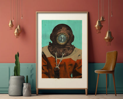 Painting Pop Art Wall Art from Greece | Flat Turquoise sponge diver from Kalymnos island, by George Tatakis - inside an eclectic room