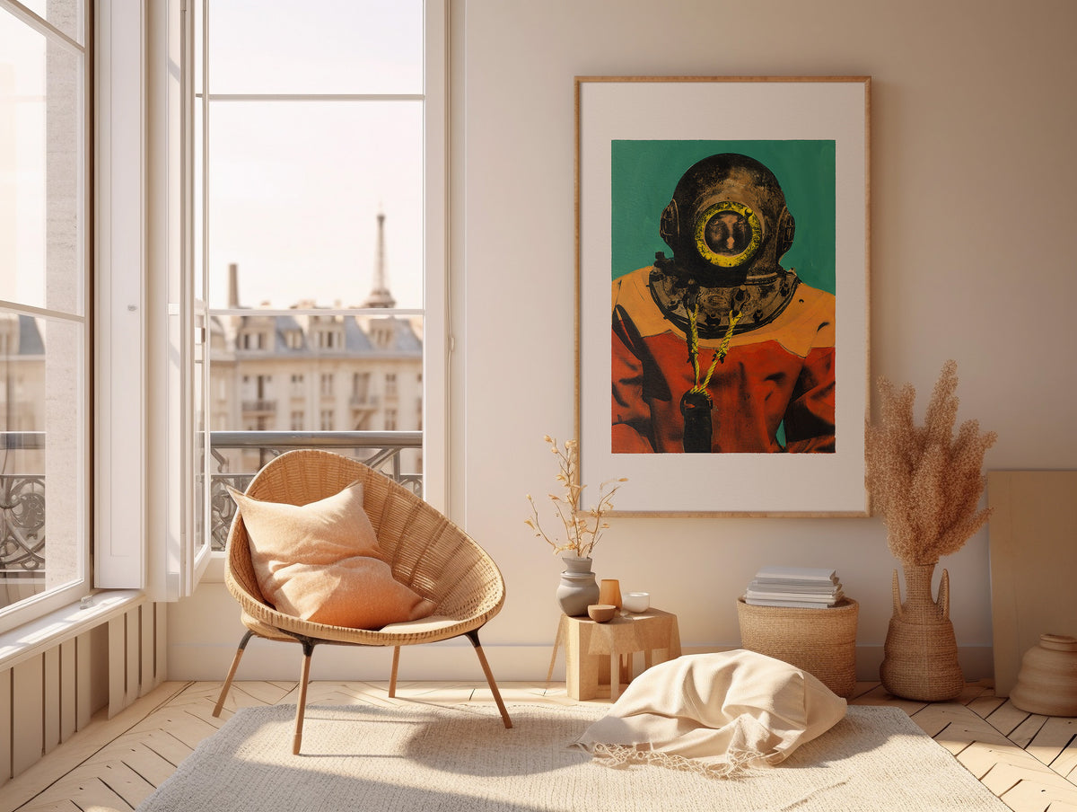 Painting Pop Art Wall Art from Greece | Orange & Green sponge diver from Kalymnos island, by George Tatakis - inside a French room
