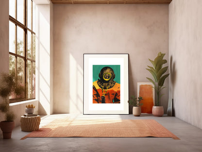 Painting Pop Art Wall Art from Greece | Orange & Green sponge diver from Kalymnos island, by George Tatakis - inside an art studio full of sunlight