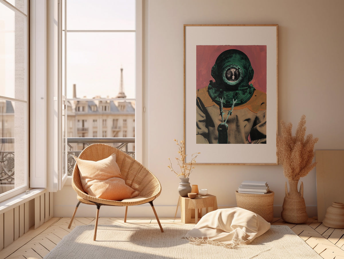 Painting Pop Art Wall Art from Greece | Pink & Green sponge diver from Kalymnos island, by George Tatakis - inside a room in France