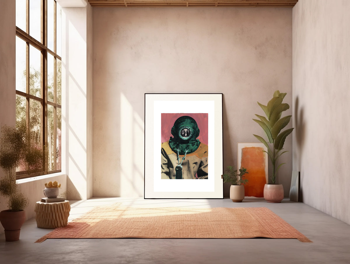 Painting Pop Art Wall Art from Greece | Pink & Green sponge diver from Kalymnos island, by George Tatakis - inside a well lit studio