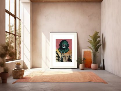 Painting Pop Art Wall Art from Greece | Pink & Green sponge diver from Kalymnos island, by George Tatakis - inside a well lit studio