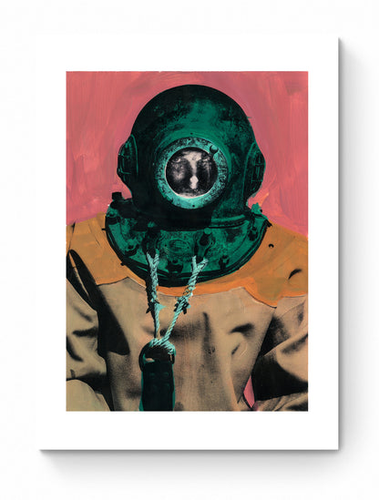 Painting Pop Art Wall Art from Greece | Pink & Green sponge diver from Kalymnos island, by George Tatakis - poster