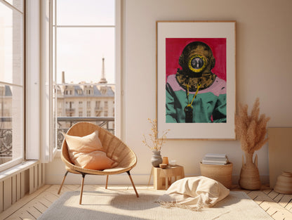 Painting Pop Art Wall Art from Greece | Red & Mauve sponge diver from Kalymnos island, by George Tatakis - inside a room in Paris