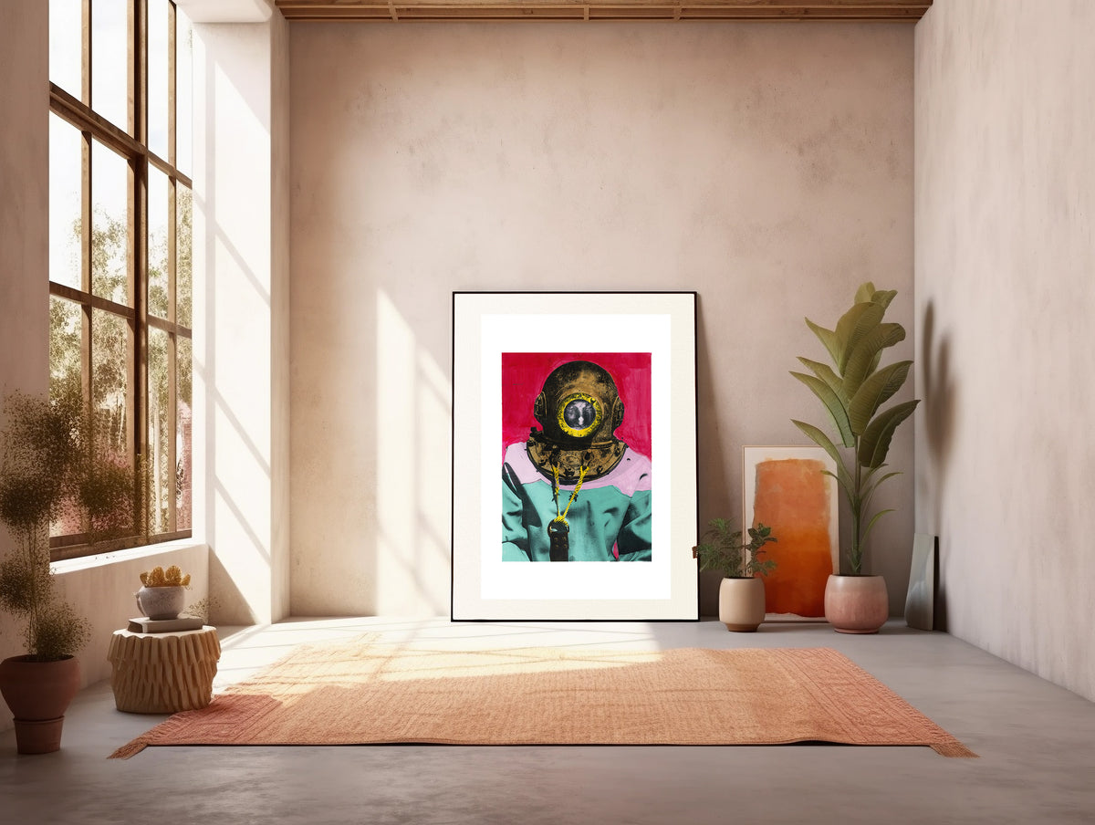 Painting Pop Art Wall Art from Greece | Red & Mauve sponge diver from Kalymnos island, by George Tatakis - inside a sunlit art studio