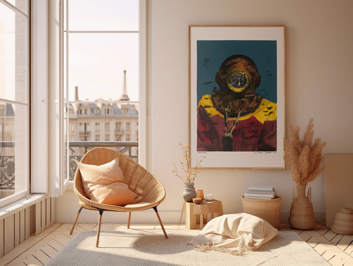Painting Pop Art Wall Art from Greece | Smudged sponge diver from Kalymnos island, by George Tatakis - inside a French room