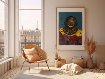 Painting Pop Art Wall Art from Greece | Smudged sponge diver from Kalymnos island, by George Tatakis - inside a French room