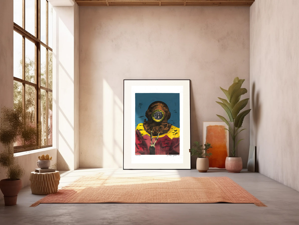 Painting Pop Art Wall Art from Greece | Smudged sponge diver from Kalymnos island, by George Tatakis - inside a lit studio