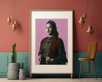Painting Pop Art Wall Art from Greece | Mauve Kallarytes Costume from Ioannina, Macedonia, by George Tatakis - inside an eclectic room
