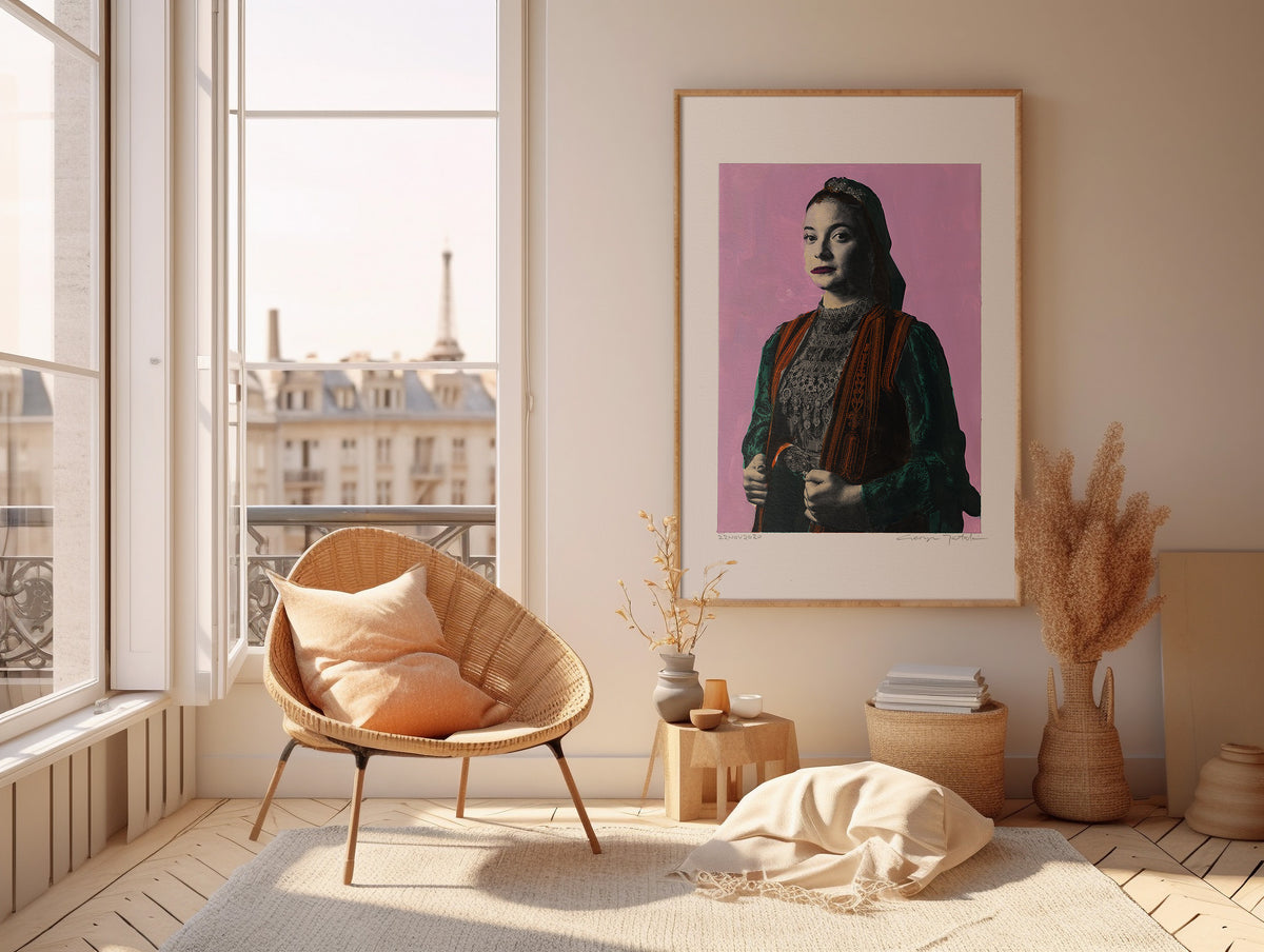 Painting Pop Art Wall Art from Greece | Mauve Kallarytes Costume from Ioannina, Macedonia, by George Tatakis - inside a room in Paris