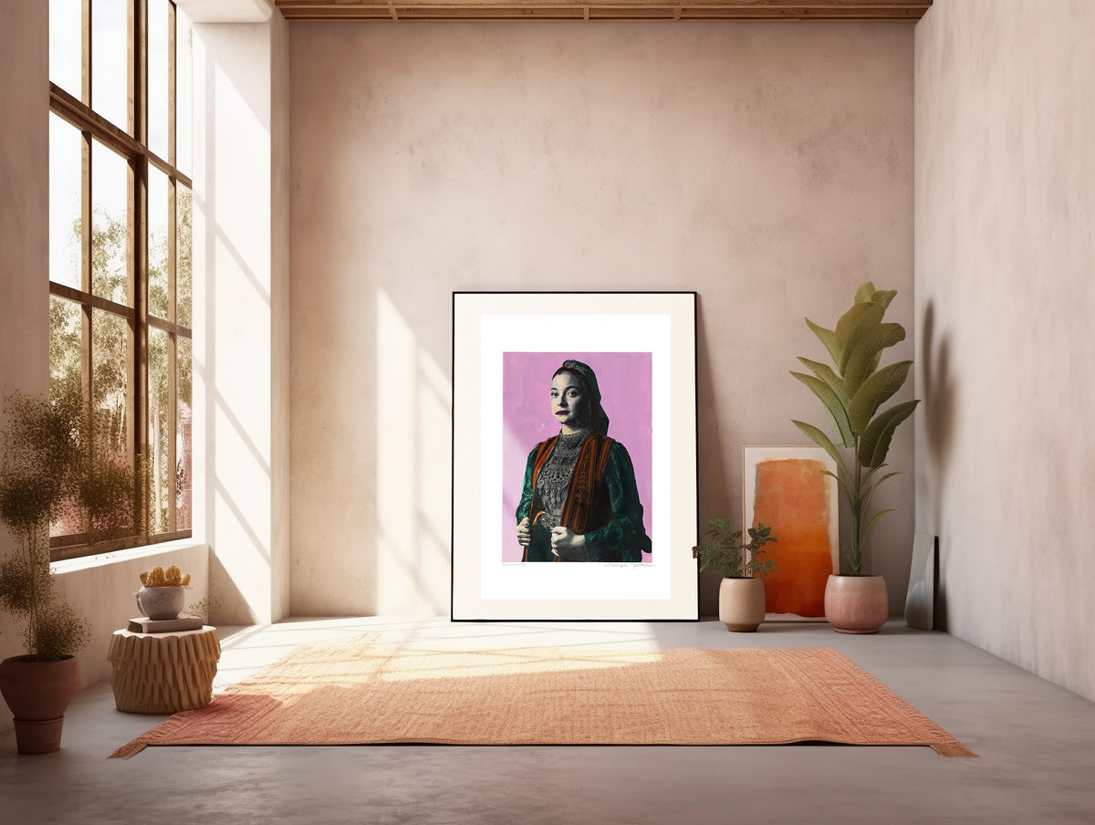 Painting Pop Art Wall Art from Greece | Mauve Kallarytes Costume from Ioannina, Macedonia, by George Tatakis - inside a sunlit studio
