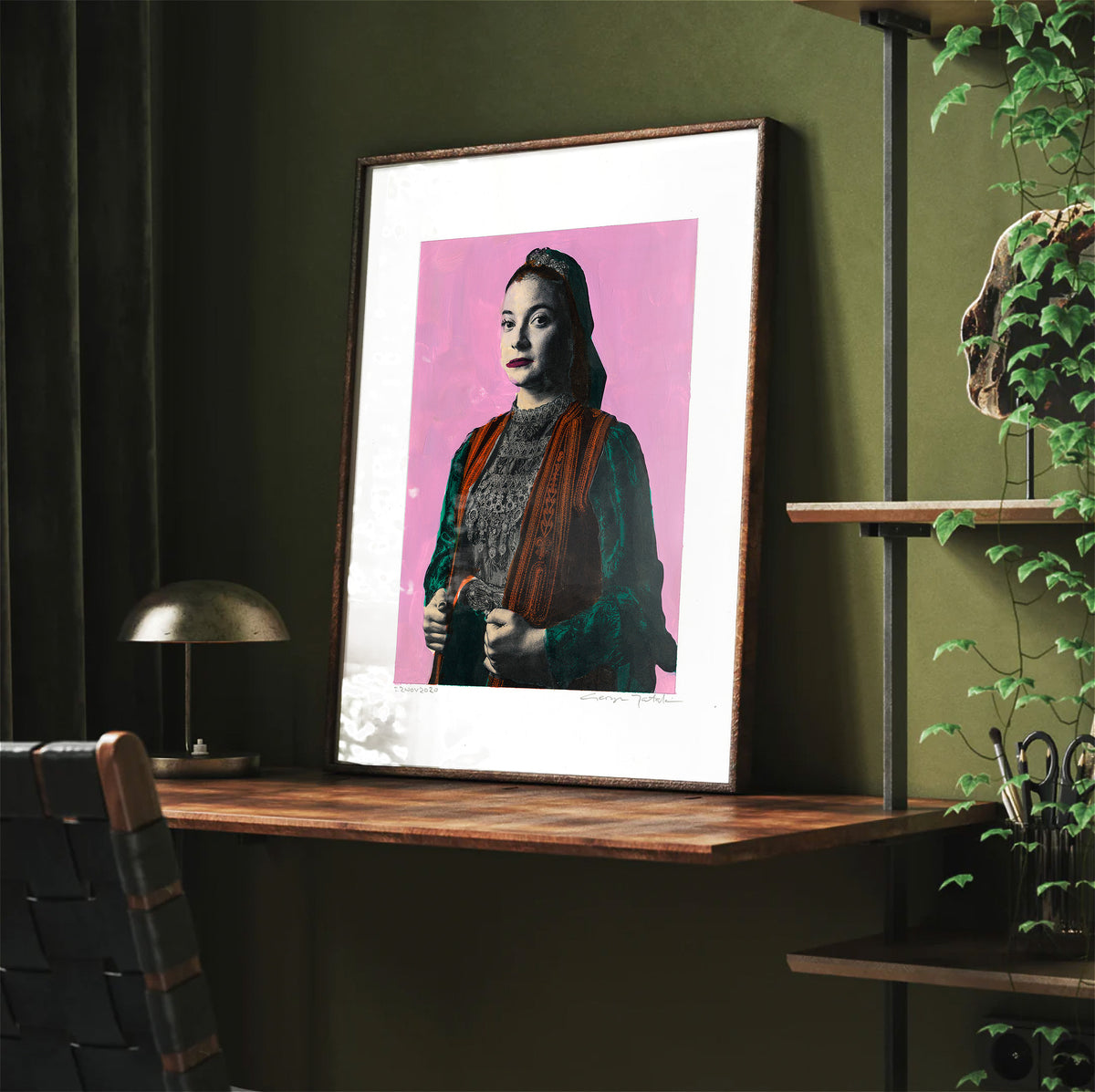 Painting Pop Art Wall Art from Greece | Mauve Kallarytes Costume from Ioannina, Macedonia, by George Tatakis - Framed poster