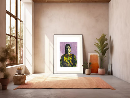 Painting Pop Art Wall Art from Greece | Mauve Kastoria Urban Costume from Macedonia, by George Tatakis - inside an art studio full of sunlight
