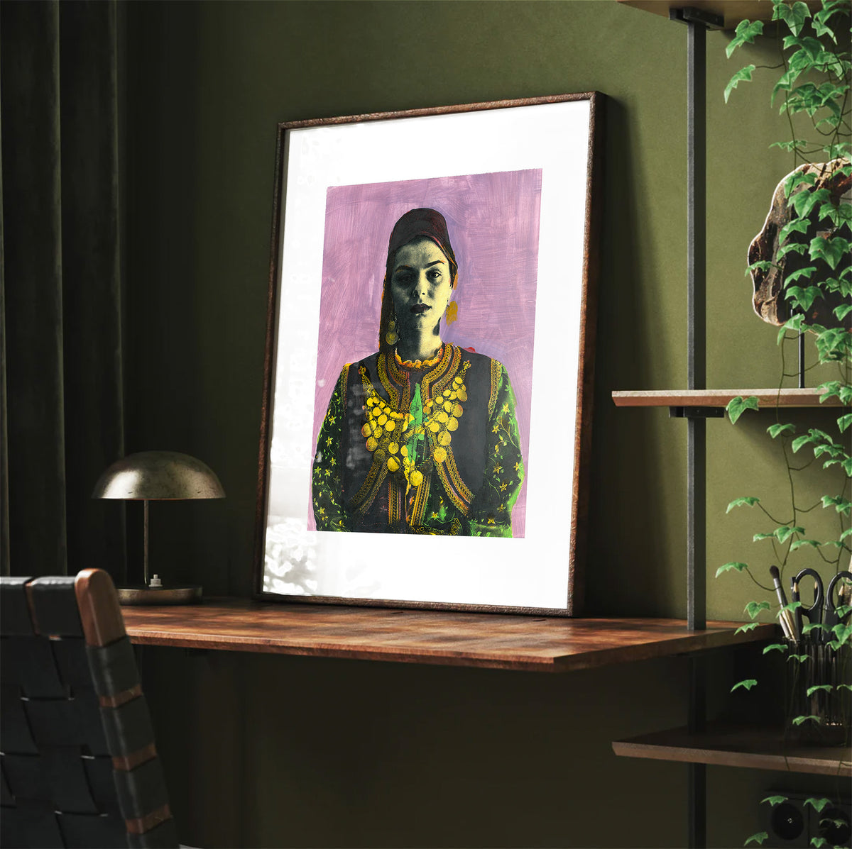 Painting Pop Art Wall Art from Greece | Mauve Kastoria Urban Costume from Macedonia, by George Tatakis - Framed poster