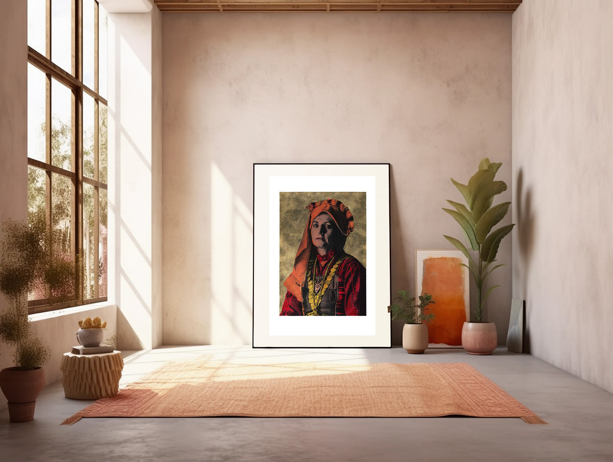 Painting Pop Art Wall Art from Greece | Golden Mani Costume from Evros, Thrace, by George Tatakis - inside a studio full of sunlight