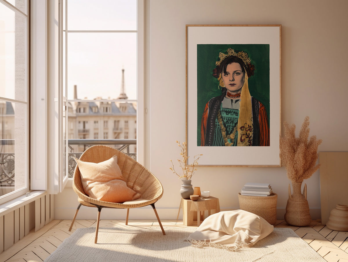 Painting Pop Art Wall Art from Greece | Dark Green Metaxades Costume from Evros, Thrace, by George Tatakis - inside a French room