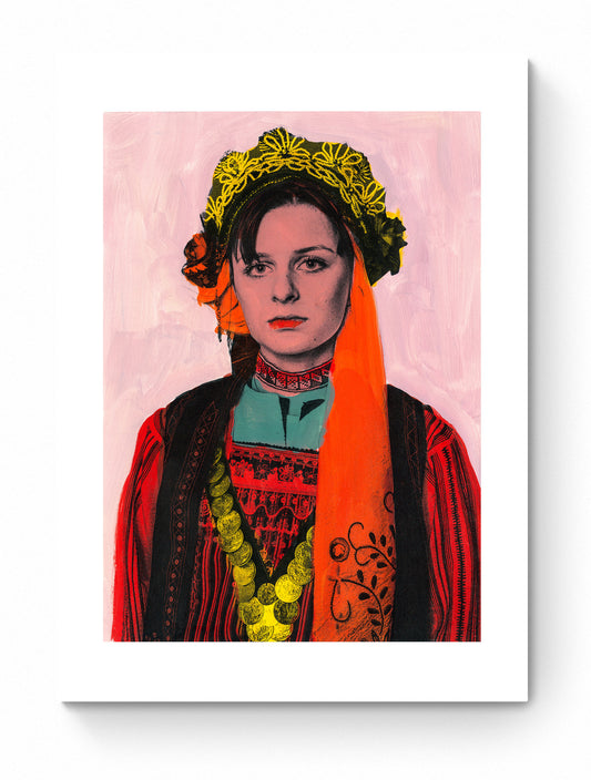 Painting Pop Art Wall Art from Greece | Orange Scarf Metaxades Costume from Evros, Thrace, by George Tatakis - poster
