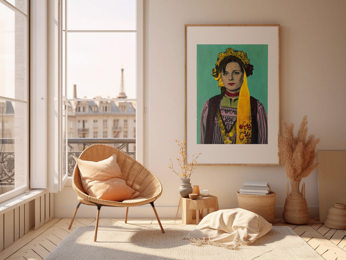 Painting Pop Art Wall Art from Greece | Turquoise Metaxades Costume from Evros, Thrace, by George Tatakis - inside a room in Paris, France