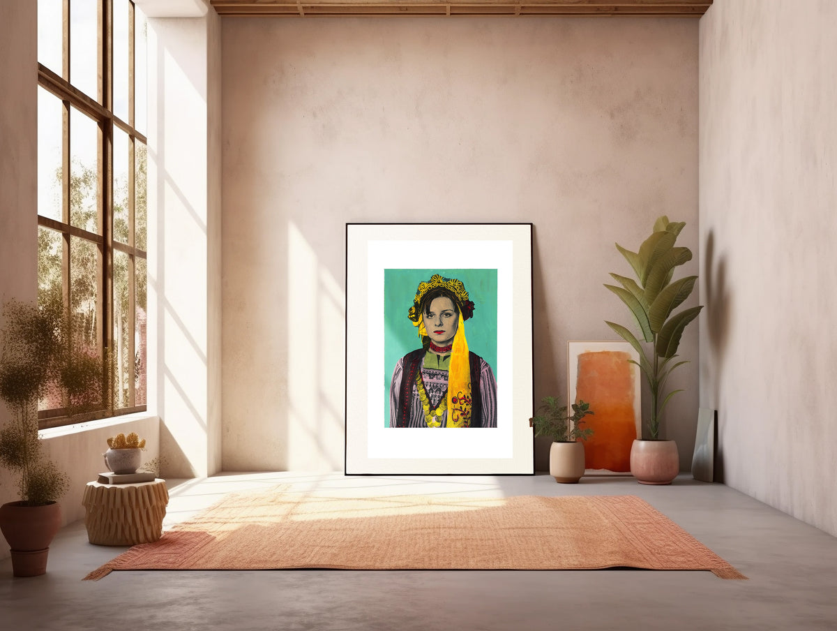 Painting Pop Art Wall Art from Greece | Turquoise Metaxades Costume from Evros, Thrace, by George Tatakis - inside a sunlit art studio