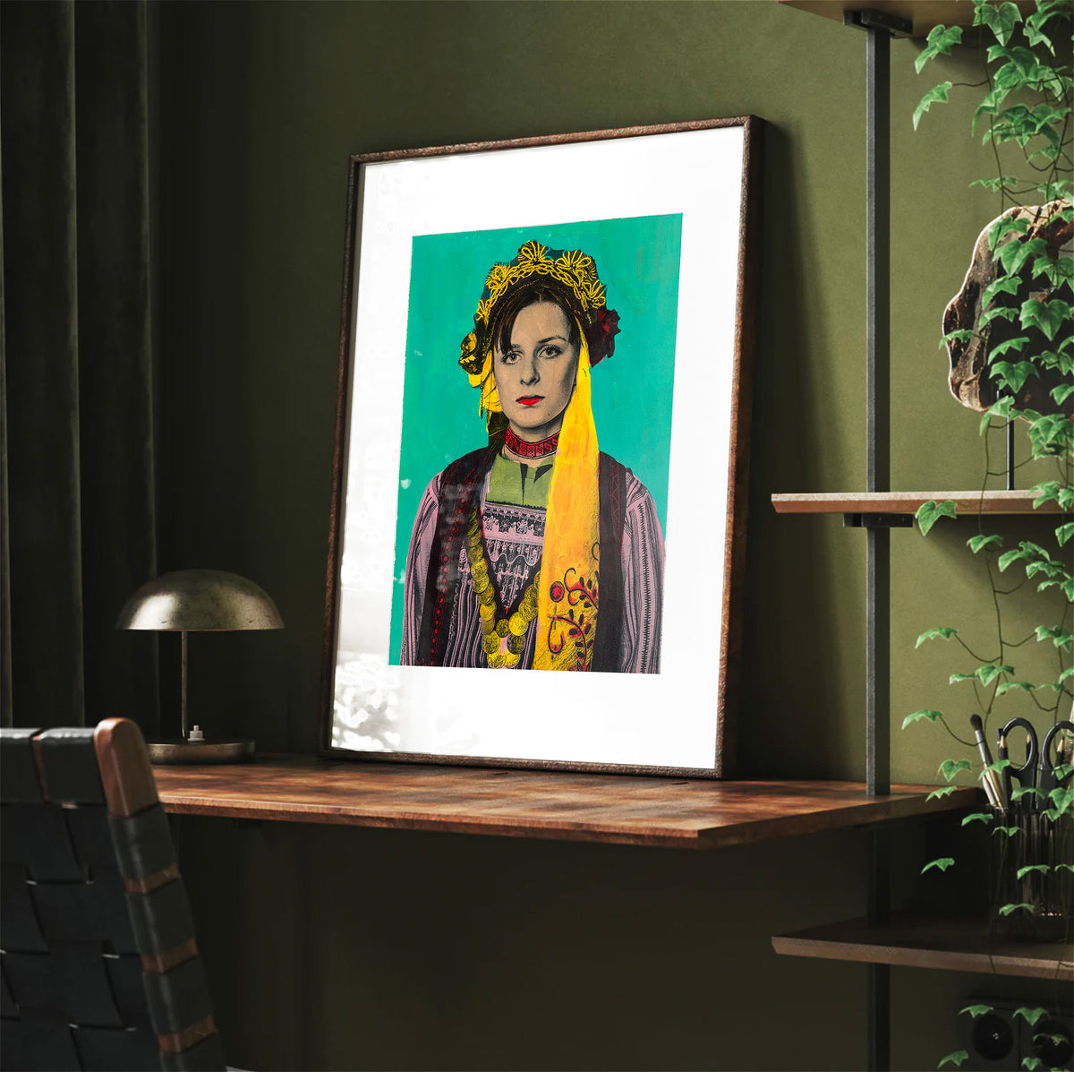 Painting Pop Art Wall Art from Greece | Turquoise Metaxades Costume from Evros, Thrace, by George Tatakis - Framed poster