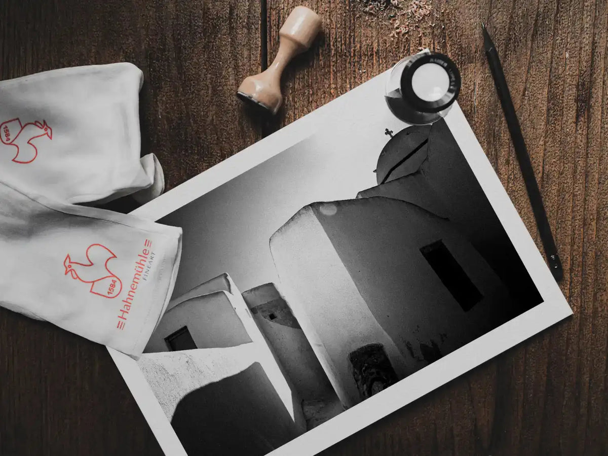 Long Forms at Emporio | Santorini | Chorōs | Black-and-white wall art photography from Greece - photo print on table