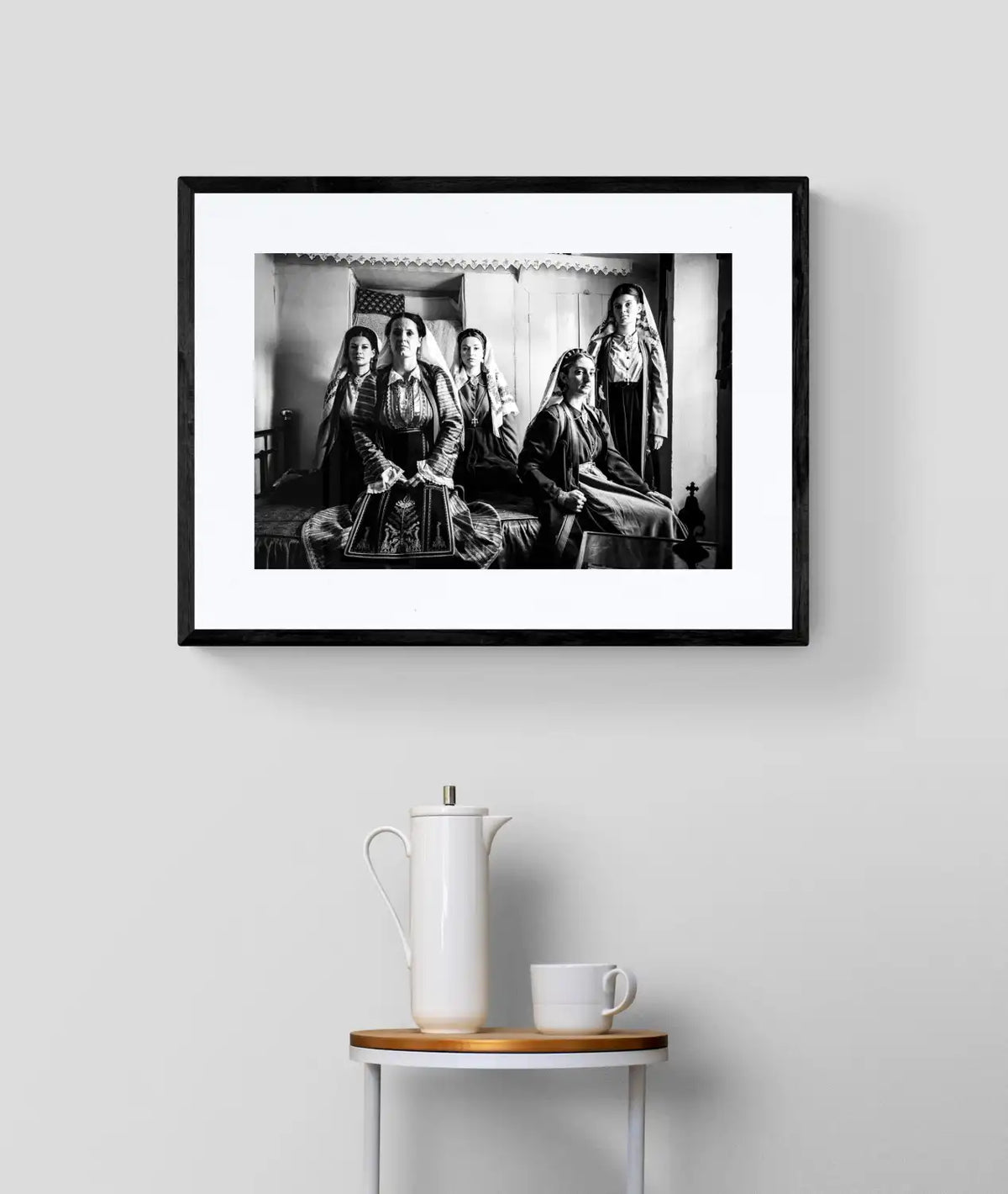 Black and White Photography Wall Art Greece | Costumes of Platanos in a traditional local bedroom Nafpaktos Aetoloacarnanea Greece by George Tatakis - single framed photo